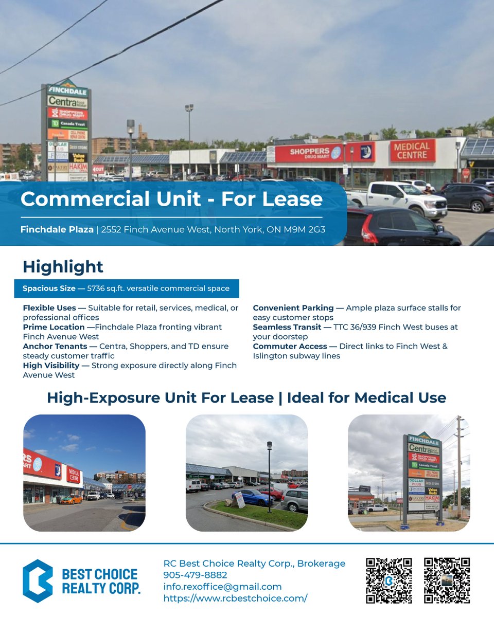HLBestChoice's tweet photo. Prime Commercial Space for Lease in North York
High-exposure Finch Avenue location within the established Finchdale Plaza.
Available space:
5,736 sq. ft.
#TorontoRealEstate #CommercialRealEstate #CommercialLease #NorthYorkRealEstate #RetailForLease #CommercialSpace https://t.co/rf2gySOgbq