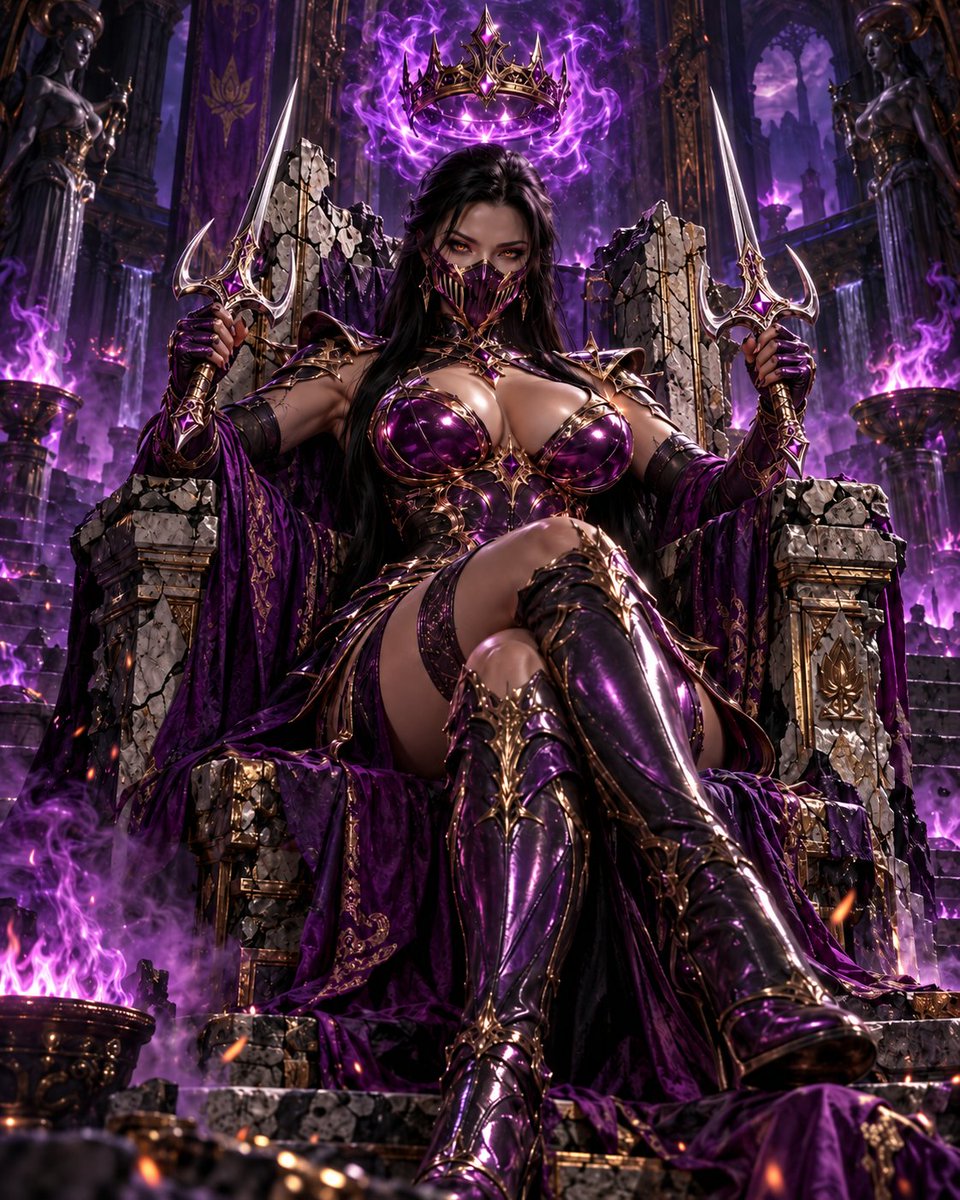 slomoassassin's tweet photo. 💜 31. Mileena — Cursed Edenian Crown
Mileena sits upon a ruined throne while an ancient crown floats above her head surrounded by purple supernatural fire. Her violet Maximum Premium armour has extravagant royal sculpting and mirrored surfaces. https://t.co/dlqoZI6ZNr