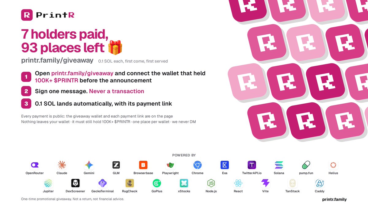 buyprintr's tweet photo. solana:8Y6pHi3cMhxhtHuzgGAsWgAJMyw3zaQLeFFf3qvRpump giveaway 🎁

7 holders paid 0.1 SOL, 93 places left

1. open https://t.co/EakGbmgr7m, connect a wallet that held 100K+ solana:8Y6pHi3cMhxhtHuzgGAsWgAJMyw3zaQLeFFf3qvRpump before the announcement
2. sign one message, never a transaction
3. 0.1 SOL lands automatically

every payment is public. we never DM. nfa