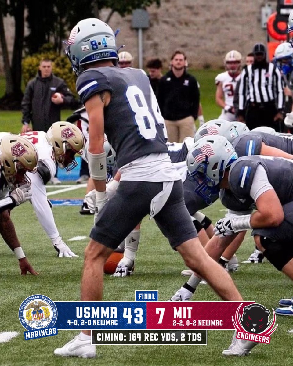 USMMA_Athletics's tweet photo. 🏈 𝐌𝐚𝐫𝐢𝐧𝐞𝐫𝐬 𝐋𝐚𝐲 𝐓𝐡𝐞 𝐇𝐚𝐦𝐦𝐞𝐫 𝐎𝐧 𝐌𝐈𝐓, 𝟒𝟑-𝟕 ⚓️

@USMMAFootball moves to 4-0 on the season with a big win up at MIT on Saturday!! #d3fb #OURAcademy

Box Score: https://t.co/jWodfQ9nFX https://t.co/DuPBOgXI47