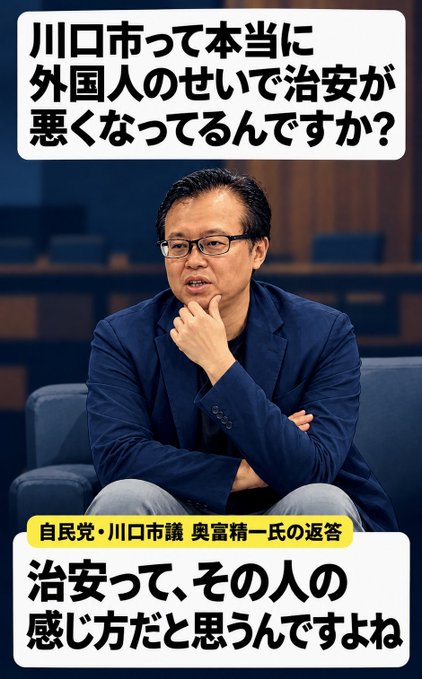 sei1973jp's tweet photo. この切り抜きが流れています。

前後も、今まで私が言ってきたことも抜かれていますので、書いておきます。

リアルな地元の意見も見ないまま、動画の切り取りだけを見てコメントされています。今まで私が何をしてきたかも、知らずに。

「治安って、その人の感じ方だと思うんですよね」との切り抜きに対してです。

私は、自分の住んでいる地域が安心して暮らせる状況ではない、ということを散々発信してきました。

　それでも、10年前の犯罪認知件数と外国人増加のデータを根拠に、「外国人増加による治安悪化のファクトはない」と言われ続けました。

　何を言っているのかと思い、凶悪犯の増加のデータや、外国人の総数と犯罪率のデータも見ました。

　でも、「外国人犯罪が増えている派」と「外国人犯罪率が減っている派」が、それぞれ自分の主張に合うデータだけを使っているじゃないですか。

　素人が学者ぶって、統計データを持ち出して議論する。それは大いに結構です。件数は減っている、と言う人もいます。それでも、私の周りの被害は、その件数には出てきません。

　今も隣で外国人が住んでいて、爆音で音楽をかけられているお宅がある。

家に、外国人の無免許運転で突っ込まれたお宅がある。

外国人の無謀運転で被害者になった方、その遺族もいる。

自転車の後部座席を押さえつけられて、もうひとりの外国人に抱きつかれた女性もいる。

以上は全部、私の知り合いのことです。まだまだあります。

　その人たちにとって、一部の外国人を見て「安全だな」と、いつまで経っても思えるわけがない。

私の家の1ブロック先では、パトカーが10台以上来て、外国人がバットを持って大喧嘩したことがありました。

　でも、通りを一本挟んだ向こうの人は、そんなことは知らない。住民の中には、「一部外国人（クルド）のバーに行ってみなよ、いい人もいるよ」と言う人もいます。

これって、統計データには出てこない、そこに住んでいる人のリアルな気持ちじゃないですか。

この頃は、不法滞在の外国人の帰国が進んで、問題は解決に向かっているとも言われています。

ですが、危険な思いをした人、今も周りを囲まれて住んでいる人に、「統計に出たから安心してください」と言えますか。言えないですよね。

高いところから件数を見るのが、その人たちの仕事です。私の仕事は、私道の奥の表情に気づくことです。
古くて改修できない私道の、一番奥の家に住んでいる人（誰も見向きもしないような場所、ということです）の、リアルな表情に気づく議員でいたいと思っています。

現場の第一線で見てきたから、自分の中に感覚ができてくる。そこは、データとか理屈を言っている場合じゃないことも、いっぱいある。

治安をデータで捉えるのは、うちのエリアから少し離れている方が使ってください。

狭い地域の、いろんな人と話をした結果、結局、治安って、その人の受け取り方次第じゃないか。そう言っているんです。

批判のコメントに合わせて、現場での対応を右往左往させるわけにはいきません。この先の選挙への影響を考えていたら、ひとりひとりに向き合えません。
だから、このスタンスでやります。

俺が自民党だからといって、俺自身のことを知らないままコメントしている、ということです。

それで結構です。

自民党の看板の前に、俺は俺。いま困っている人のために、市議会議員をやっています。
