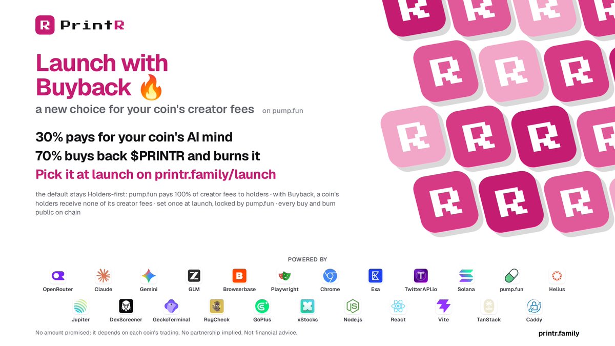 buyprintr's tweet photo. launch with Buyback 🔥

new on https://t.co/xgBCtqzjS3 launches, for your coin's creator fees:
30% pays for its AI mind
70% buys back solana:8Y6pHi3cMhxhtHuzgGAsWgAJMyw3zaQLeFFf3qvRpump and burns it

the default stays Holders-first (100% to holders). with Buyback, its holders receive none

https://t.co/yObyPcRyYA

nfa