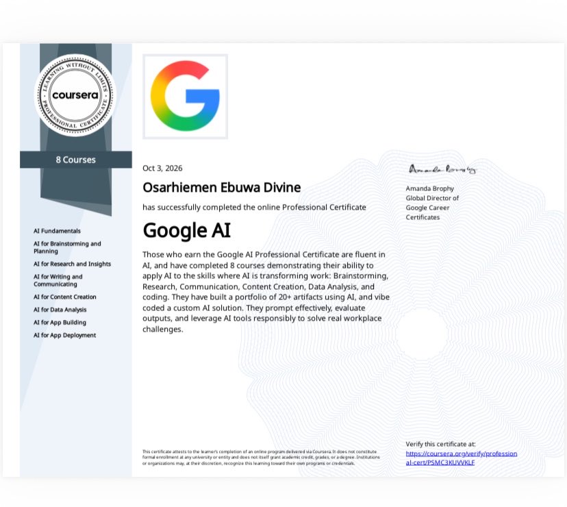 osas_dev's tweet photo. Supercharged my AI skills there was just to much to learn and just earned a new certificate 🚀

I got my Google AI Certification Course via the MTN Skills Academy. Covered how to leverage Artificial Intelligence in different fields, coding, brainstorming researching etc and it also helped clarified how well to use AI to get the best outputs and different Google AI tools were clearly explained, AI as a tool is critical for building scalable solutions, and this course provided incredible insights into driving exponential growth.

Huge thanks to @Smfest_Official and @MTNFoundationNG for driving this initiative through the GOSIMA Innovation Fund. Excited to apply these AI-driven strategies as we push boundaries and unlock our ADVANTAGE X! 💡✨