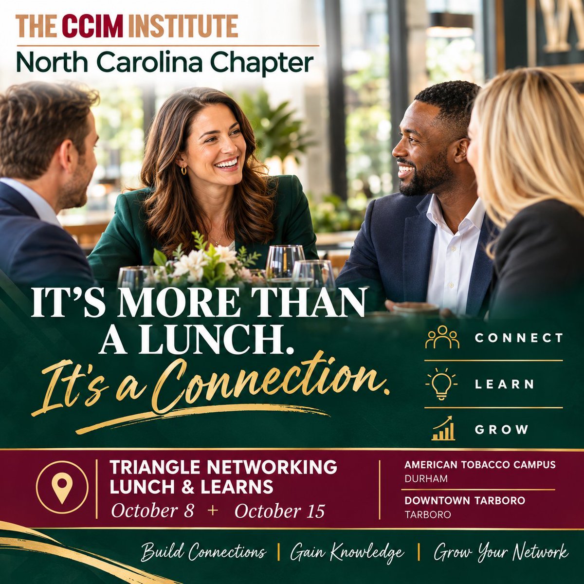 nc_ccim's tweet photo. 📍 The Triangle is the place to be this October!
Join NC CCIM:
📅 Oct. 8 — History of American Tobacco Campus
📅 Oct. 15 — Downtown Tarboro Walking Tour
Two opportunities to connect, learn & network with CRE professionals.
#NCCCIM #CCIM #CRE #TriangleCRE #CommercialRealEstate https://t.co/CKyMsJr9Lu
