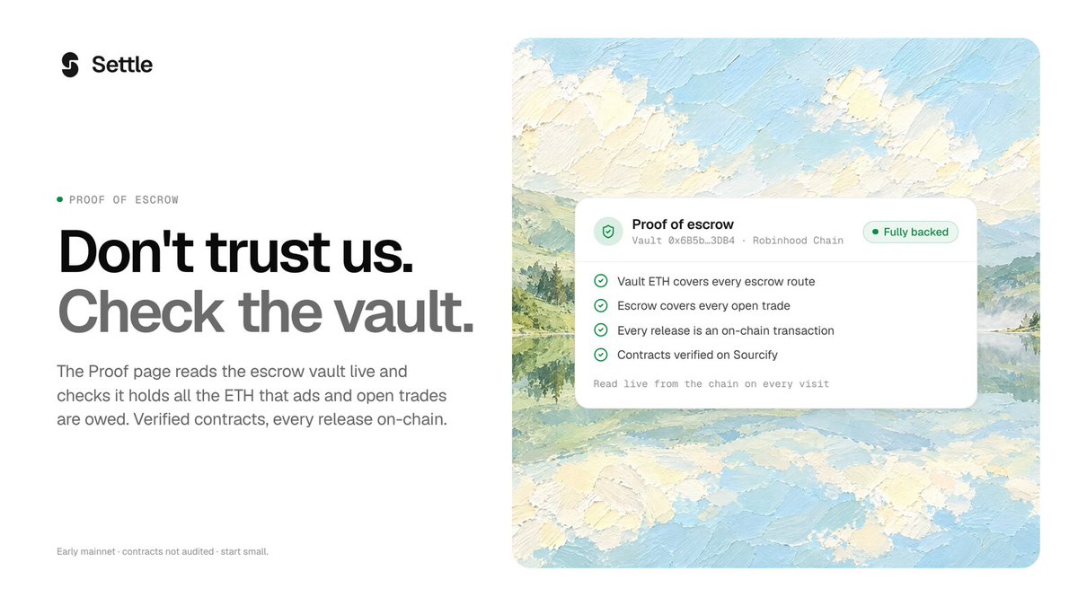 UseSettleApp's tweet photo. Don't trust us. Check the vault.

The Proof page reads Settle's escrow vault live and checks it holds all the ETH that ads and open trades are owed. Contracts verified on Sourcify. https://t.co/vMeMOBbTlm