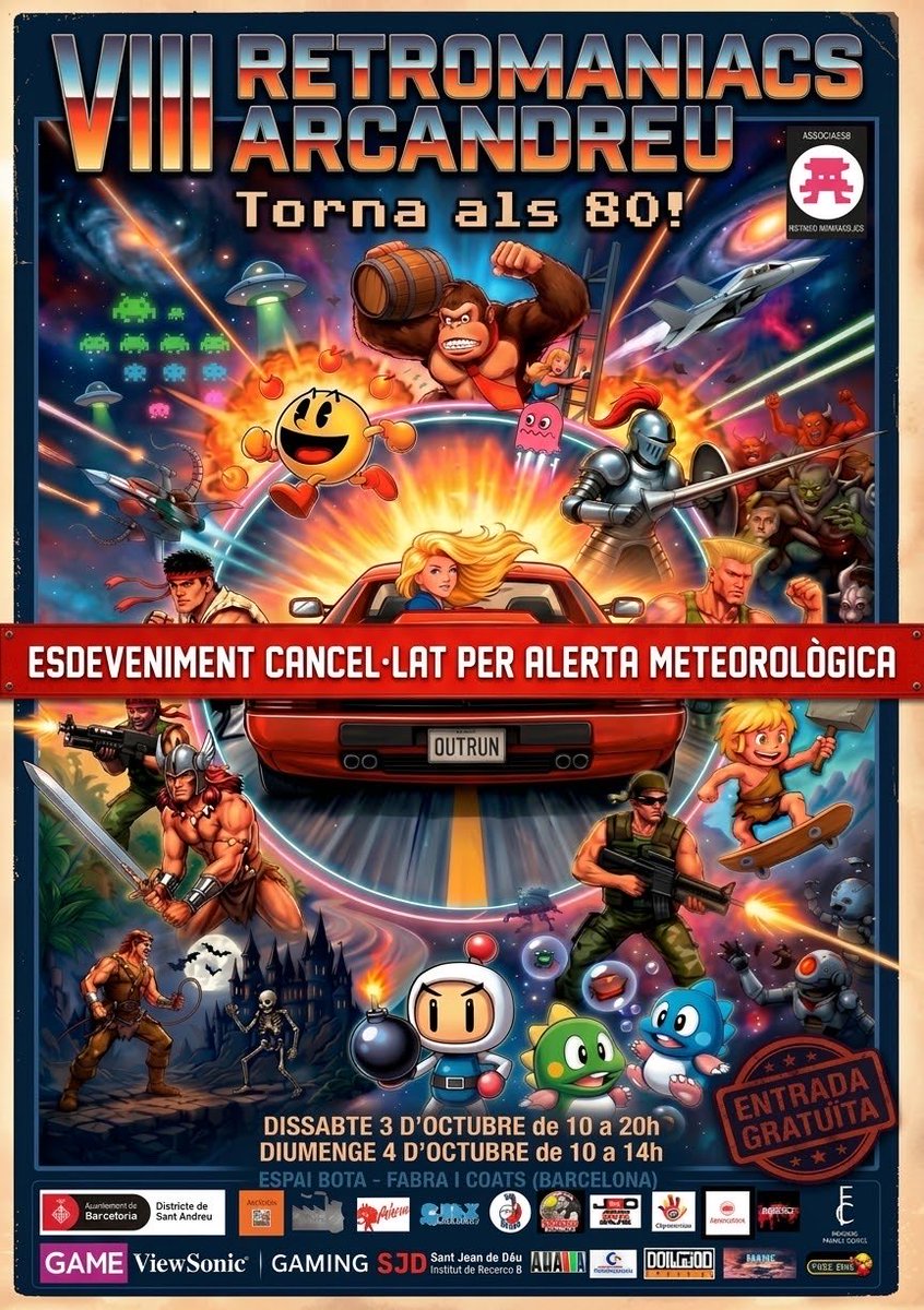 Retromaniacs_es's tweet photo. ATENCIÓ: ESDEVENIMENT CANCEL•LAT PER ALERTA METEREOLÒGICA 

ATENCIÓN: EVENTO CANCELADO POR ALERTA METEREOLÓGICA

Molt a pesar nostre però vetllant per la vostra i la nostra seguretat,  aquesta tarda hem tingut que tancar a les 19h per la alerta #INUNCAT i cancelar la jornada de demà diumenge

Muy a nuestro pesar pero velando por vuestra seguridad y la vuestra esta tarde hemos tenido que cerrar a las 19h por la alerta INUNCAT y cancelar la jornada de mañana domingo

Demà a les 13:30h al nostre canal de @Twitch farem els sorteigs, però no us preocupeu que ho publicarem a les xarxes igualment 

Mañana a las 13:30h en nuestro canal de Twitch haremos los sorteos, pero no os preocupéis que lo publicaremos igualmente en nuestras redes

Moltes gràcies pel vostre suport/Muchas gracias por vuestro apoyo