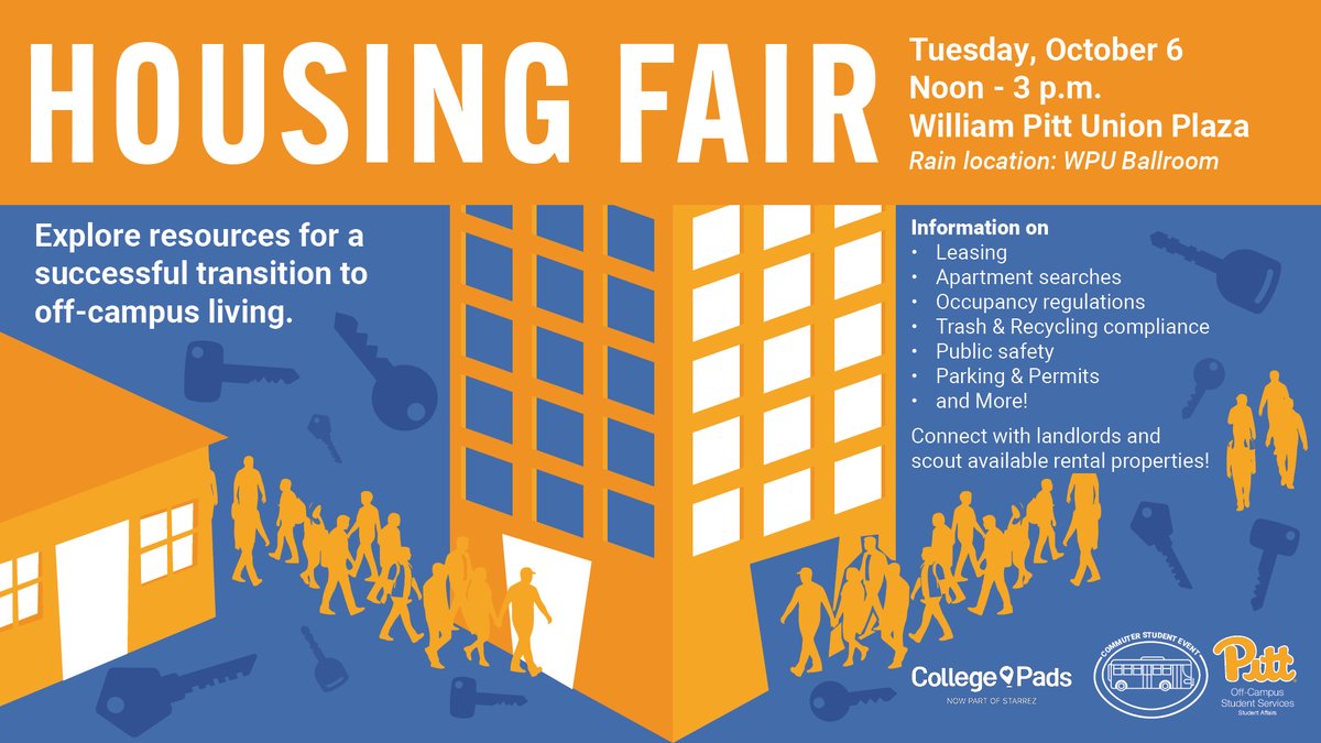 PittStudents's tweet photo. Looking for housing option for next school year? 🏘️  Stop by the Housing Fair this Tuesday at noon and learn about resources available to you for a smooth transition to off-campus living! #h2p #pittnow https://t.co/DFLIO1tUof