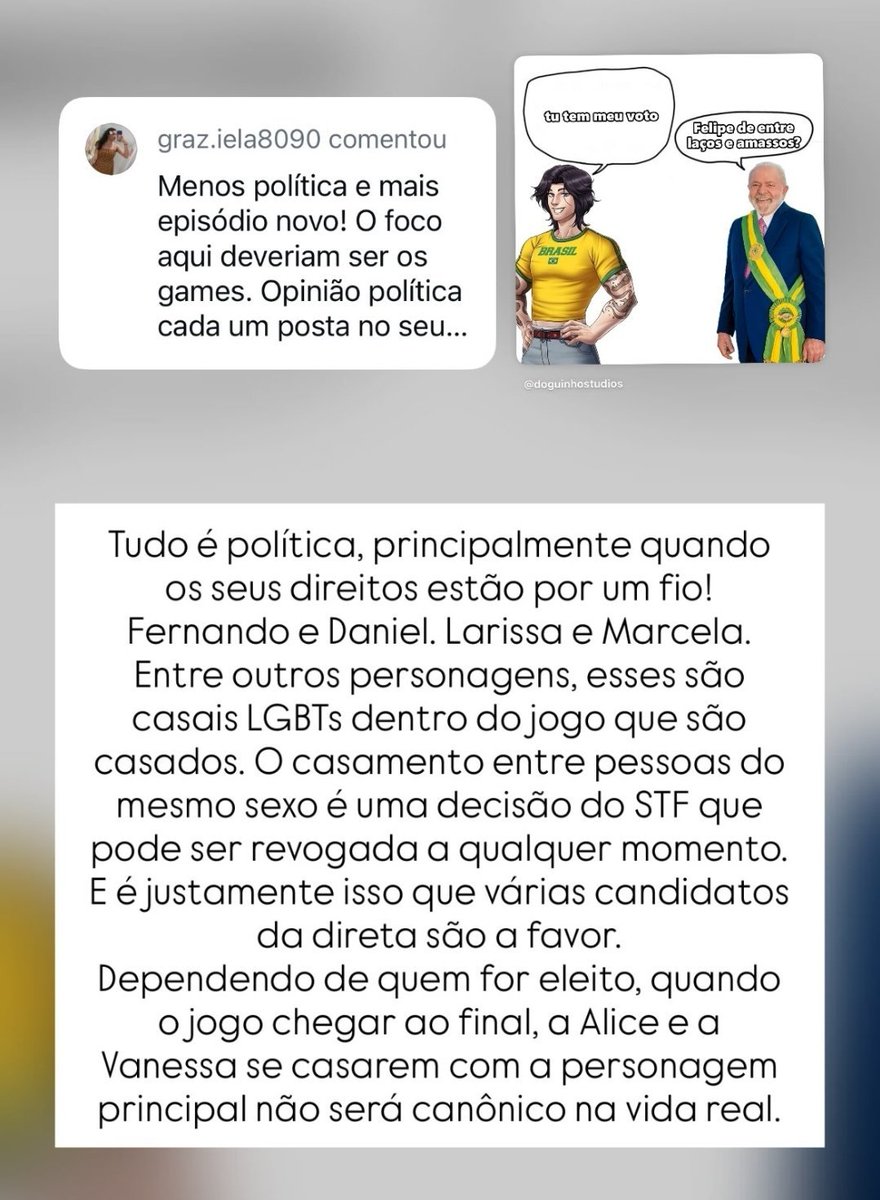 BeaxKennan's tweet photo. Um jogo de uma empresa brasileira Indie, cheio de personagens pretos e LGBT+ e  alguém em algum momento realmente pensou que a empresa ficaria calada quando tem chance de pessoas iguais seus personagens perderem seus direitos 
Se não gosta de falar de política, tá no jogo errado https://t.co/f298bFLWq0