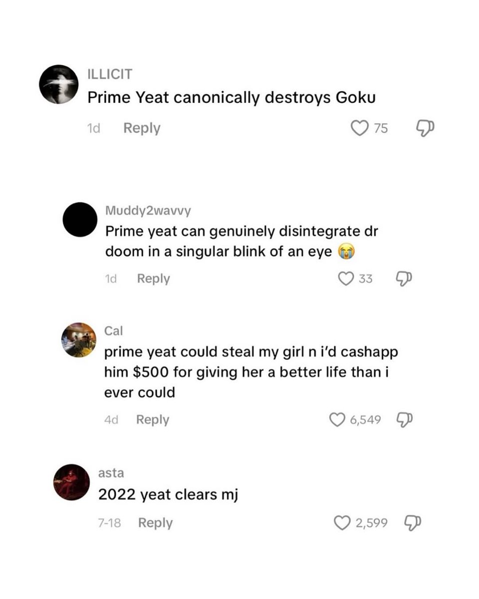 YeatEmpire's tweet photo. These TikTok comments about “Prime Yeat” are insane😭🔥 https://t.co/MF9Nfyj9vW