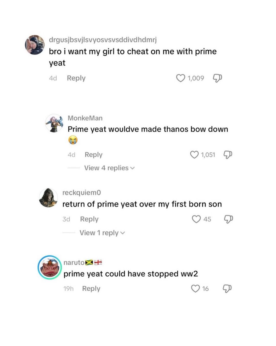 YeatEmpire's tweet photo. These TikTok comments about “Prime Yeat” are insane😭🔥 https://t.co/MF9Nfyj9vW