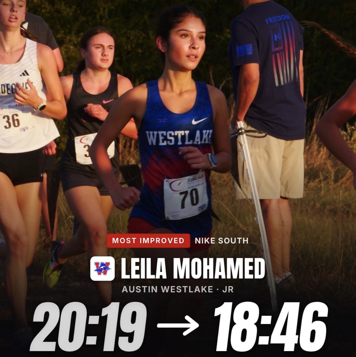 Westlake_Nation's tweet photo. Cross Country’s Leila Mohamed was recognized by our colleagues at @milesplit for her remarkable improvement at the 2026 Nike South Invitational. Leila ran a 18:46.5, one-minute and 33 seconds faster than her 2025 time. Congratulations, Leila. #GoChaps https://t.co/QPyEgxZZ2a