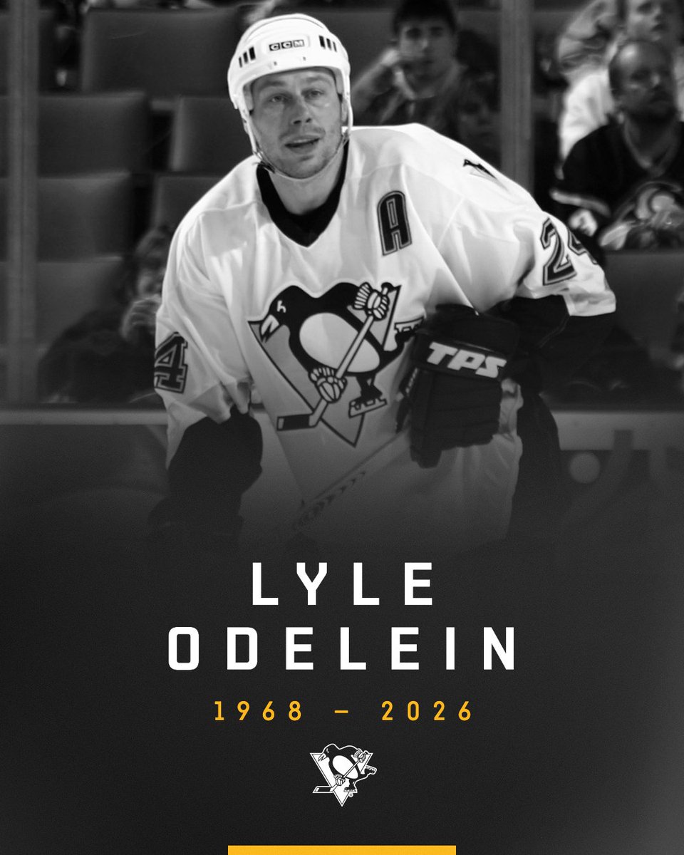 penguins's tweet photo. The entire Penguins organization joins the NHL community in mourning the loss of defenseman Lyle Odelein. Lyle played over 1,000 career NHL games for eight teams, and ultimately called Pittsburgh home upon retirement. Our condolences go out to his wife, Laurel, their children and the Odelein family. Lyle was known for his tough exterior on the ice, but we will always remember his generous heart and enormous laugh.