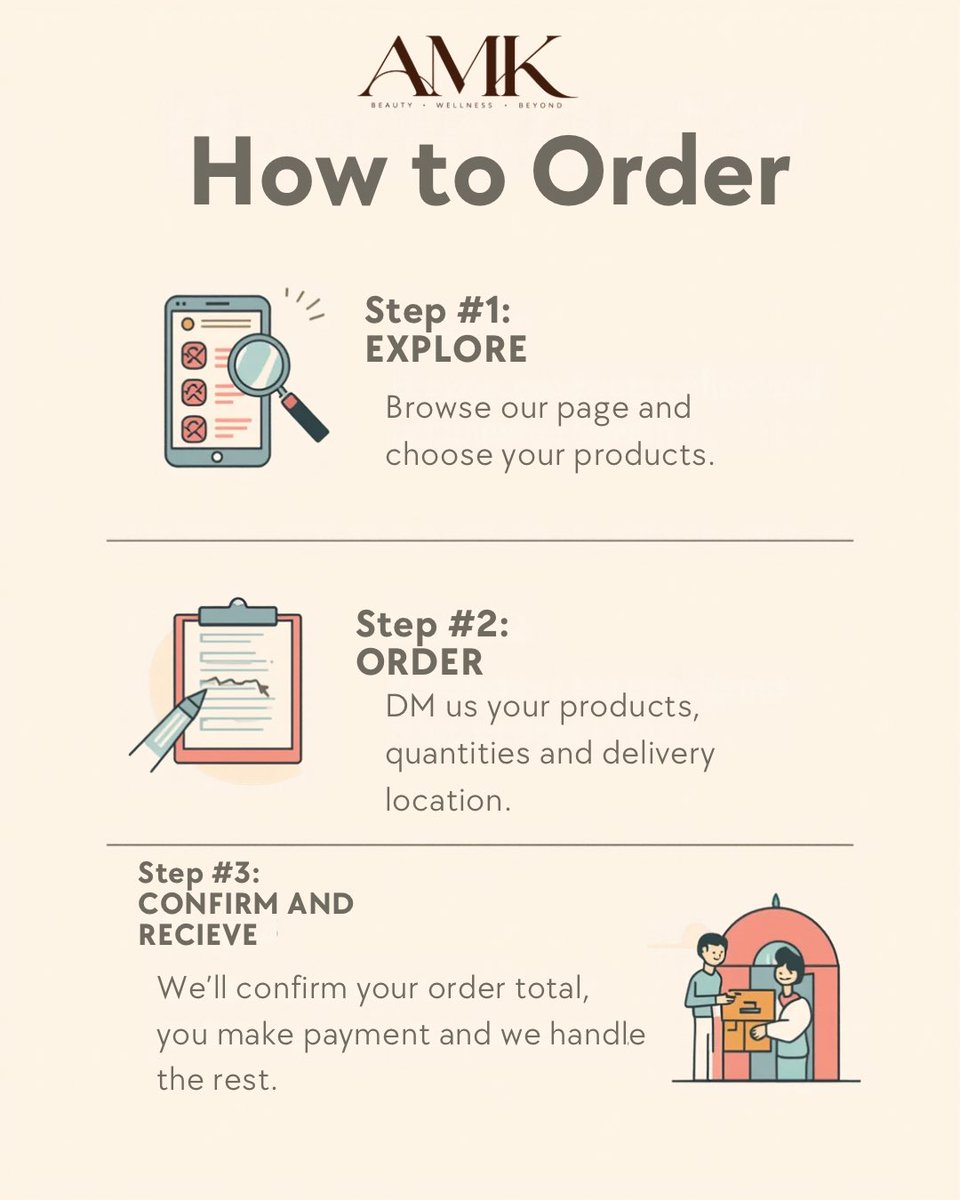 amkhouseltd's tweet photo. Your AMK order, made simple.

Found something you love? Here’s how to shop with us:

No website, no complicated checkout — just send us a DM and we’ll take it from there.

AMK — Beauty • Wellness • Beyond

#AMKHouse #HowToOrder #BeautyWellnessBeyond #ShopAMK #BeautyAndWellness https://t.co/zzh2u3cwti