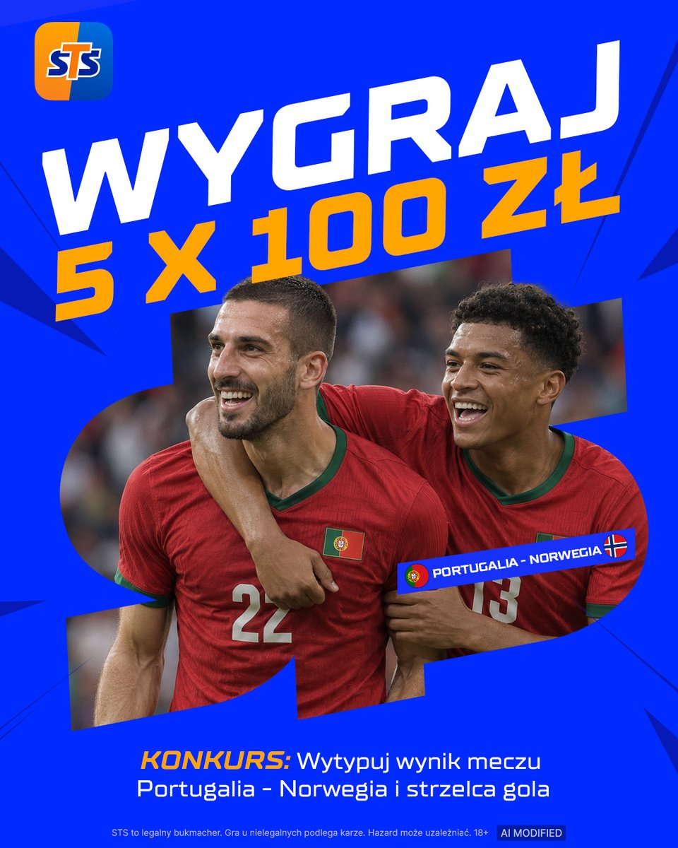 stspolska's tweet photo. ODPALAMY KONKURS NA HIT WIECZORU!🚀
👉Zaobserwuj profil STS, polub i podaj dalejten post
👉Wytypuj wynik i strzelca w meczu Portugalia-Norwegia
👉Dodaj #LiczySięBardziej
👉Typuj do 20:45
💸Nagrody: 5x100 PLN

Regulamin: https://t.co/wamQhgzpV2 https://t.co/YKHmibbRtl