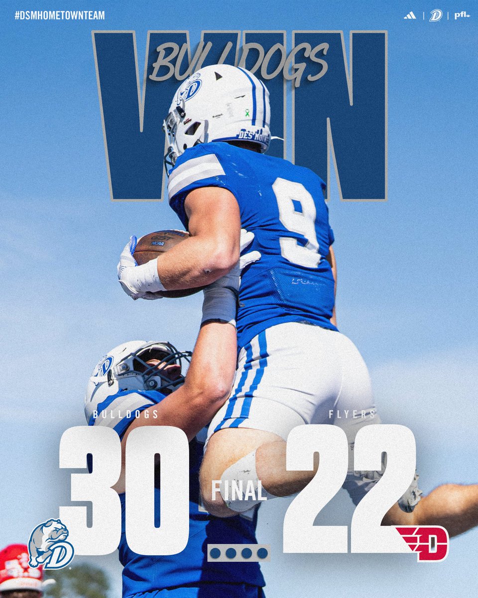 DrakeBulldogsFB's tweet photo. 𝑩𝑼𝑳𝑳𝑫𝑶𝑮𝑺 𝑾𝑰𝑵

Warzynski | 23-39, 347 yds, 3 TD
Clark | 11 car, 76 yds, TD
January | 6 rec, 95 yds, TD
Garcia | 5 rec, 94 yds, TD
Wiskur | 11 tck, PBU, INT
James | 7 tck, 0.5 TFL, PBU

#DSMHometownTeam https://t.co/6NXy0FT1zg