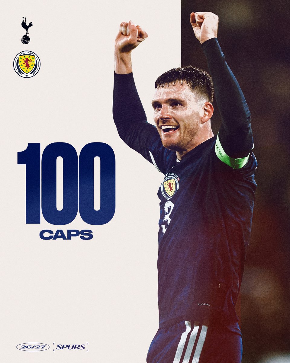 SpursOfficial's tweet photo. Congratulations to Andy Robertson, who made his 100th appearance for Scotland tonight 🏴󠁧󠁢󠁳󠁣󠁴󠁿

An incredible achievement 👏 https://t.co/gGlTl4O77I