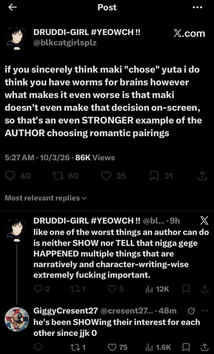 TR1ICKST4R's tweet photo. If you sincerely think Maki didn’t choose Yuta you do have worms for brains. She initiated most of their touches, confirmed to have a better attitude around him, and she went out of her way to check on him post Shinjuku and waved everyone else off. That girl definitely fell first https://t.co/BC4PMSwSBe