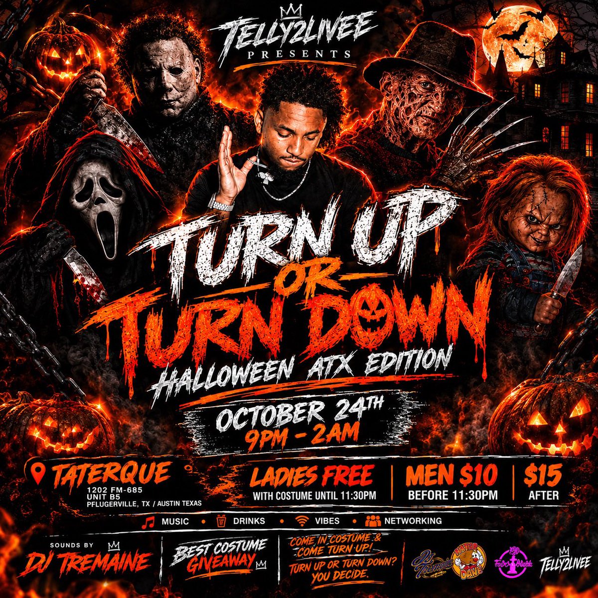 Telly2livee's tweet photo. 🎃 TURN UP OR TURN DOWN — HALLOWEEN ATX EDITION 👻
📅 OCTOBER 24TH
⏰ 9PM–2AM
📍 Tater que 1202 FM-685, Unit B5
Pflugerville, TX 78660 
🔒 SECURITY ENFORCED
🎧 SOUNDS BY DJ TREMAINE 
👠 LADIES FREE WITH COSTUME UNTIL 11:30PM
💰 MEN $10 BEFORE 11:30PM | $15 #atx #austin #party https://t.co/RSDMnHiwpv