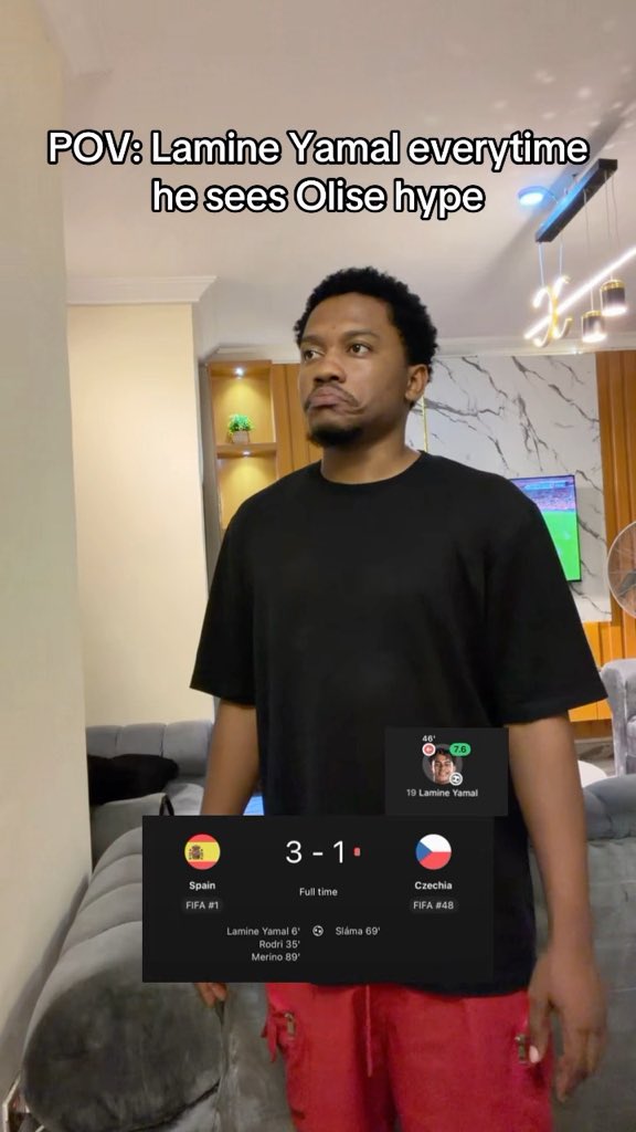 A TikTok-style meme shows a man looking skeptically at the camera with overlaid graphics: 'POV: Lamine Yamal everytime he sees Olise hype' and a match result showing Spain 3-1 Czechia, with Yamal scoring at the 6th minute.