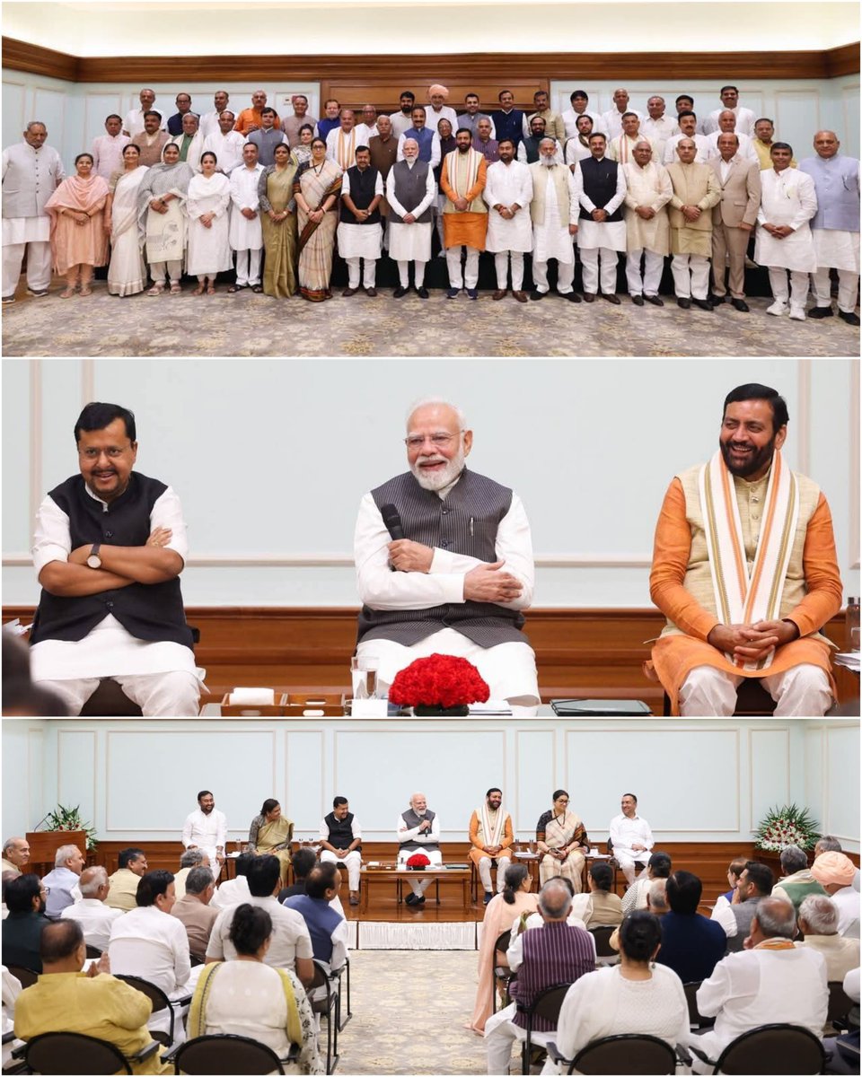smritiirani's tweet photo. आज 7, लोक कल्याण मार्ग पर यशस्वी प्रधानमंत्री श्री @NarendraModi जी ने हरियाणा प्रदेश के सभी भाजपा विधायकों के साथ संवाद किया। इस अवसर पर माननीय राष्ट्रीय अध्यक्ष श्री @NitinNabin जी एवं प्रदेश के माननीय मुख्यमंत्री श्री @NayabSainiBJP जी की सम्माननीय उपस्थिति रही।

प्रधानमंत्री जी ने हरियाणा के उत्थान एवं लोकसेवा से जुड़े विभिन्न विषयों पर सार्थक चर्चा की तथा संगठन को और सशक्त बनाने हेतु मार्गदर्शन दिया।

मोदी जी का सानिध्य सदैव माँ भारती की सेवा और लोककल्याण के संकल्प को नई ऊर्जा एवं दिशा प्रदान करता है।

इस अवसर पर राष्ट्रीय मंत्री एवं प्रदेश के सह-प्रभारी श्री @MpDrBholaSingh जी, प्रदेश अध्यक्ष श्रीमती @BJPArchanaGupta जी तथा प्रदेश संगठन मंत्री श्री @PavanRanaRSS जी भी उपस्थित रहे।