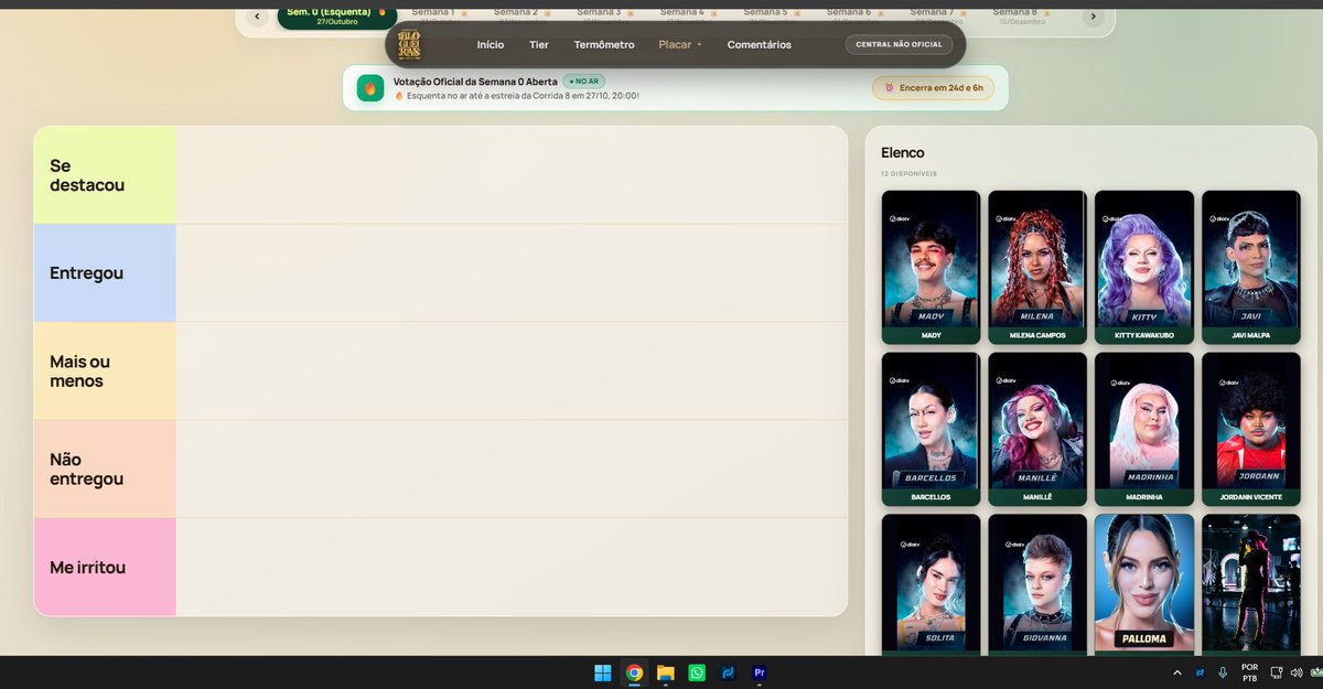 0rslima's tweet photo. Gente, fiz um site para poder acompanhar e votar durante a temporada 8, para fazer tier e votação semanal. Lá tem placar, comentários etc., por enquanto está com elenco genérico de teste; tudo será atualizado e resetado quando começar  https://t.co/l3qn8ruasR https://t.co/wDT5Ol0bpX