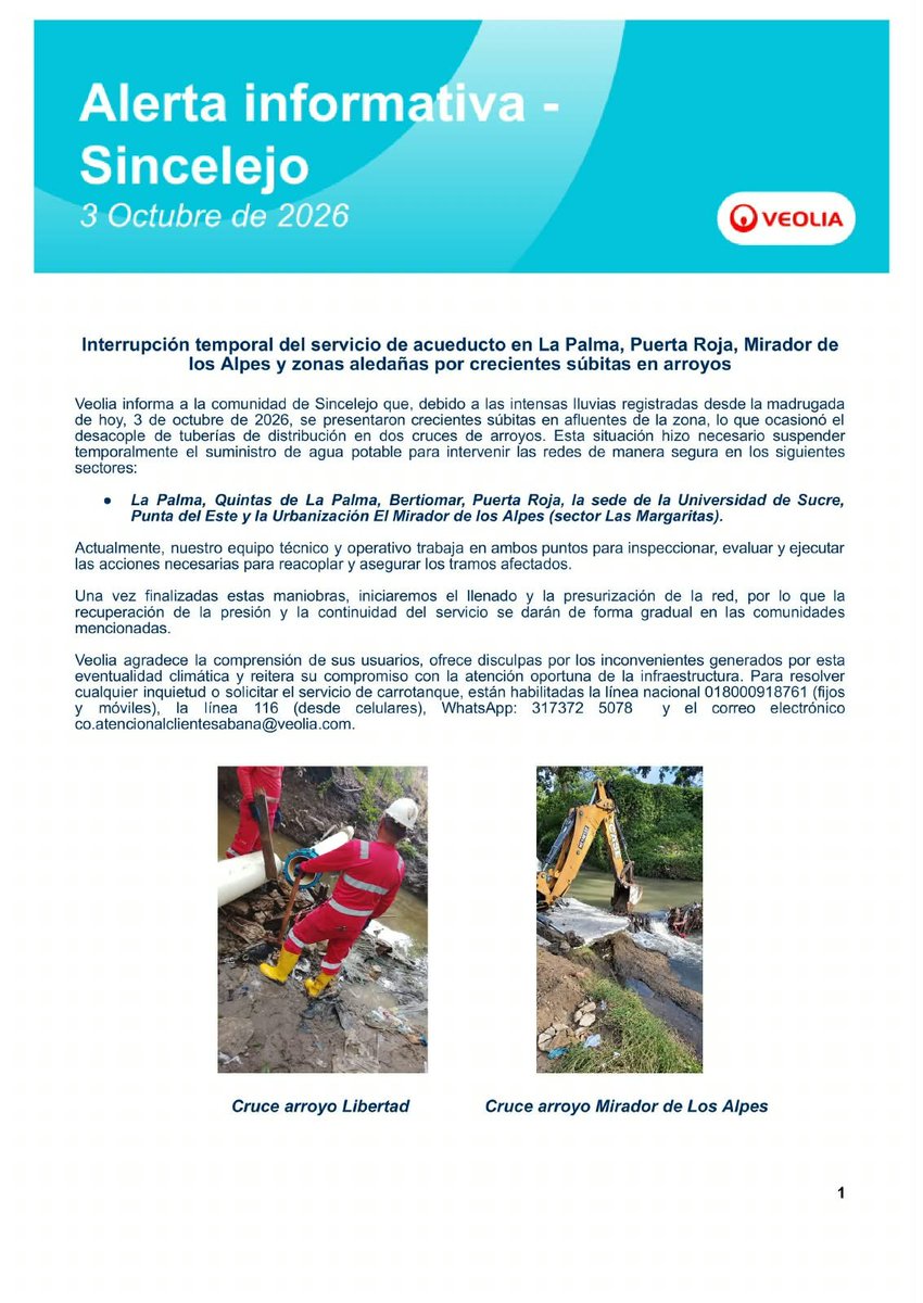 VeoliaSabana's tweet photo. #AlertaVeolia Sincelejo: Por crecientes súbitas tras lluvias de hoy, suspendido temporalmente el servicio en La Palma, Puerta Roja, Mirador de los Alpes y zonas aledañas. Equipo en sitio trabajando. El restablecimiento será gradual. Carrotanques: 018000918761/Wat: 372 5078 116. https://t.co/RSKMk962zY