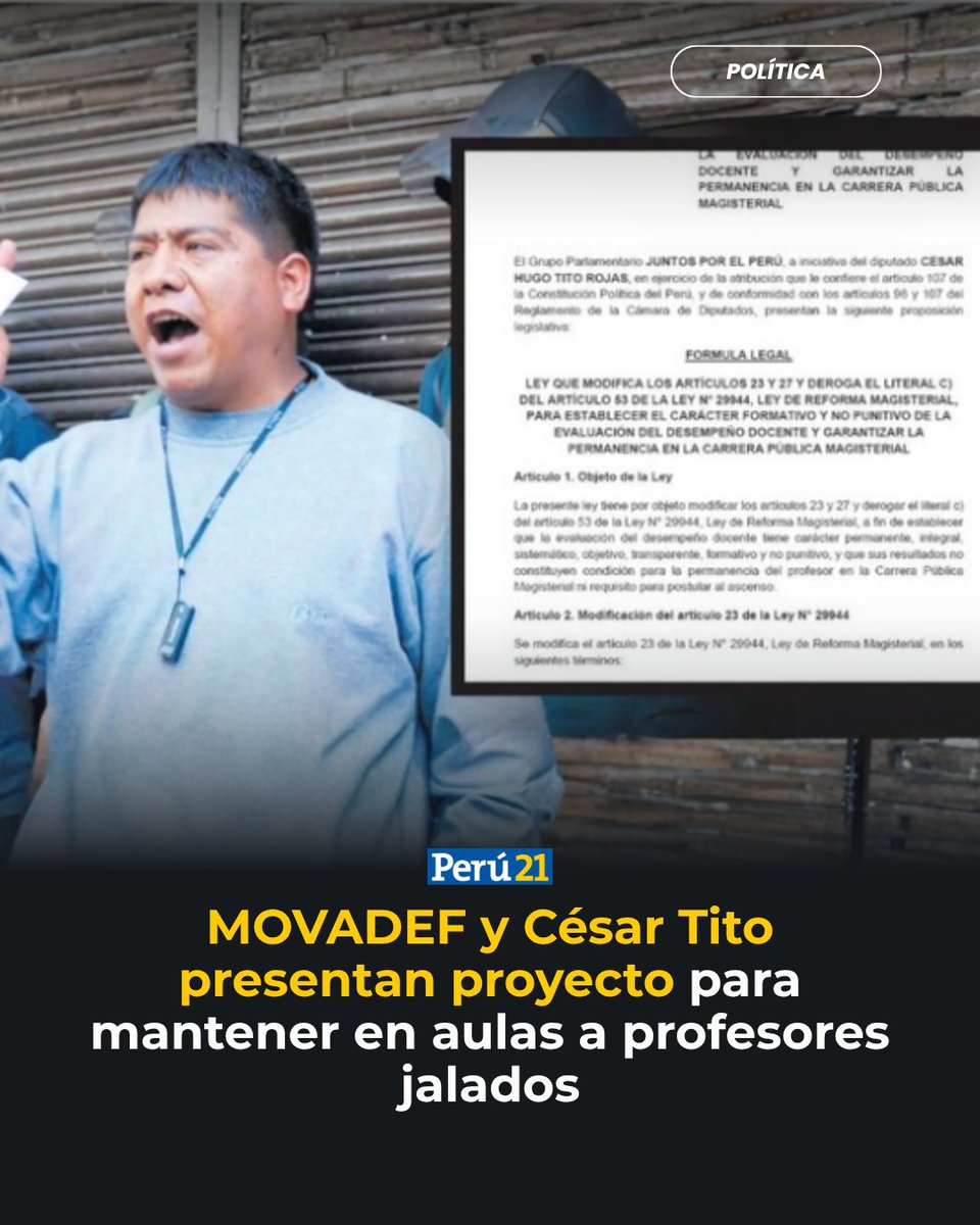 peru21noticias's tweet photo. 🚨César Tito Rojas acaba de estrenar su función legislativa —después de más de 60 días— dentro de la Cámara de Diputados. Y no ha tenido mejor idea que presentar un proyecto de Ley que busca concretar uno de los acuerdos que el Movadef firmó con el entonces candidato a la Presidencia Roberto Sánchez días antes de la segunda vuelta: ‘No aplicación de la evaluación de desempeño punitiva’.
 https://t.co/kGlX17wCCf