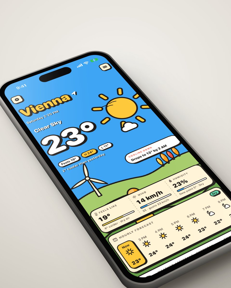 Drizzoapp's tweet photo. Hi again! Drizzo is a weather app that draws the sky outside as a living cartoon. The sun sits where it really is, clouds roll in before rain, the turbine spins at today's wind.

iPhone, iPad, Mac, Apple Watch. No account, no ads, no tracking. https://t.co/iYtpcao11O
