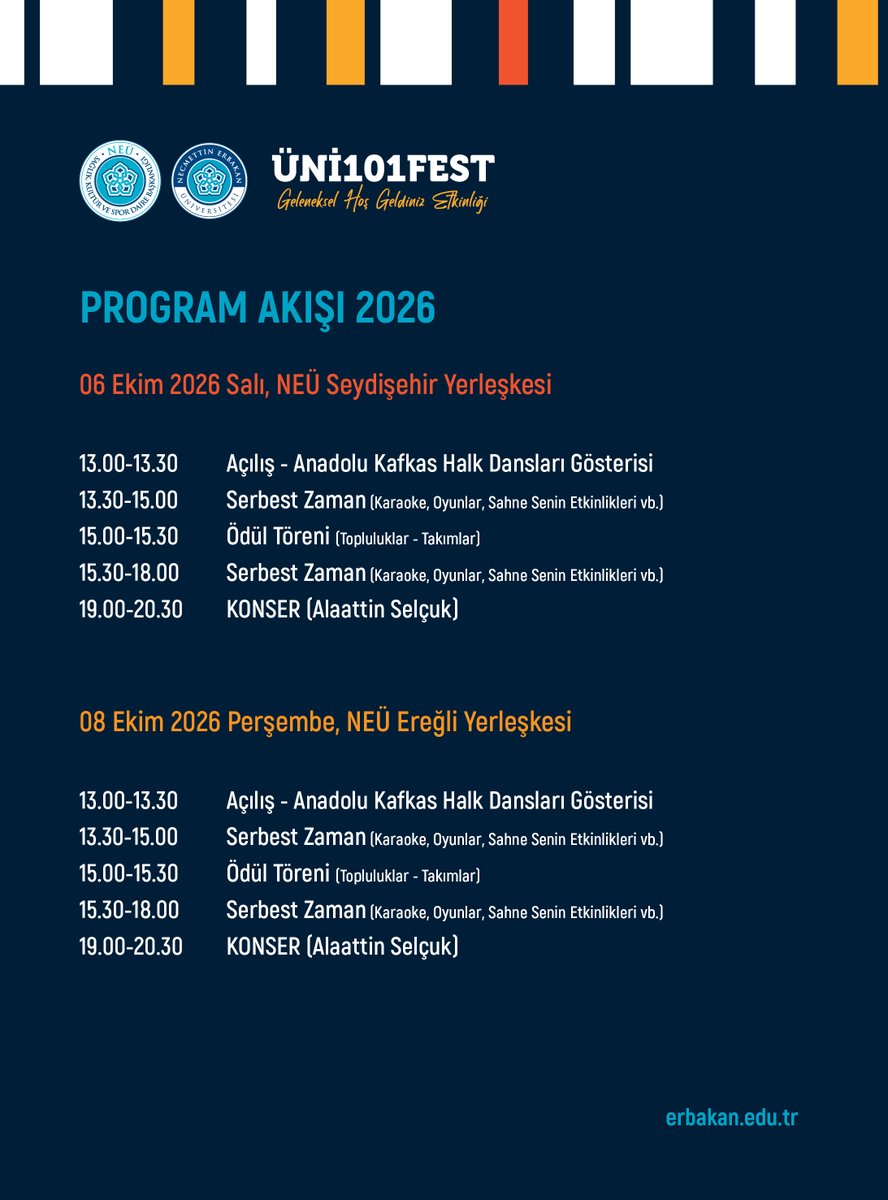 NEUniversitesi's tweet photo. #UNI101FEST 🎉
Eğlence, müzik ve sürpriz etkinliklerle dolu festivale bu haftada Seydişehir ve Ereğli de hazır mısın?
Program akışı ve detaylar 👇
#NEÜ❤️ https://t.co/0Va2zl2iWf