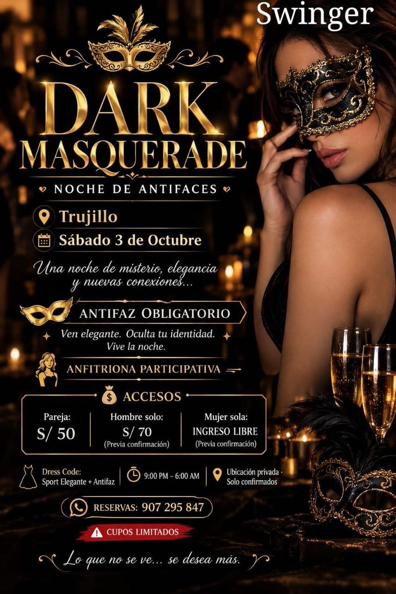 AmourClub3's tweet photo. 🖤🎭 𝘿𝘼𝙍𝙆 𝙈𝘼𝙎𝙌𝙐𝙀𝙍𝘼𝘿𝙀 🖤🎭

✨ Noche de Antifaces ✨

Este sábado 3 de octubre, el misterio cobra vida en Trujillo. 🎭🌙

🖤 Sport elegante + antifaz obligatorio

🔐 Ubicación privada ·
 Solo confirmados

🔥 Anfitriona participativa
⚠️ Cupos limitados

📲 Reservas: https://t.co/FQhJ3HWmcP

🖤 Lo que no se ve… se desea más.
