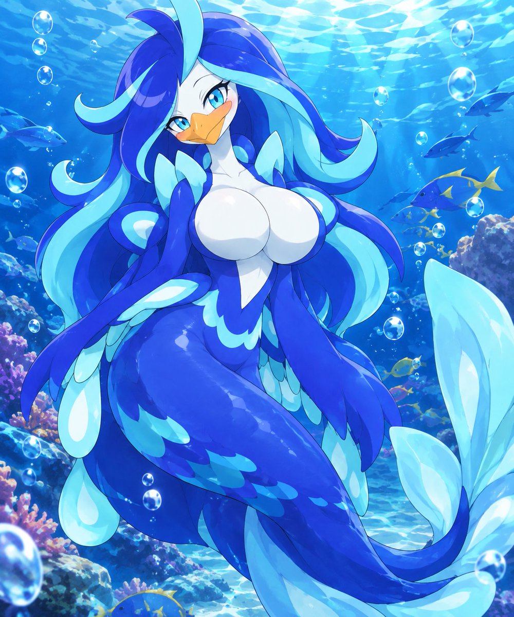 LikoQuaquaval's tweet photo. Quaquaval become a mermaid and her hair is long. #quaquaval #pokemon #AIart #mermaid #bird https://t.co/wzb2ca9TSQ