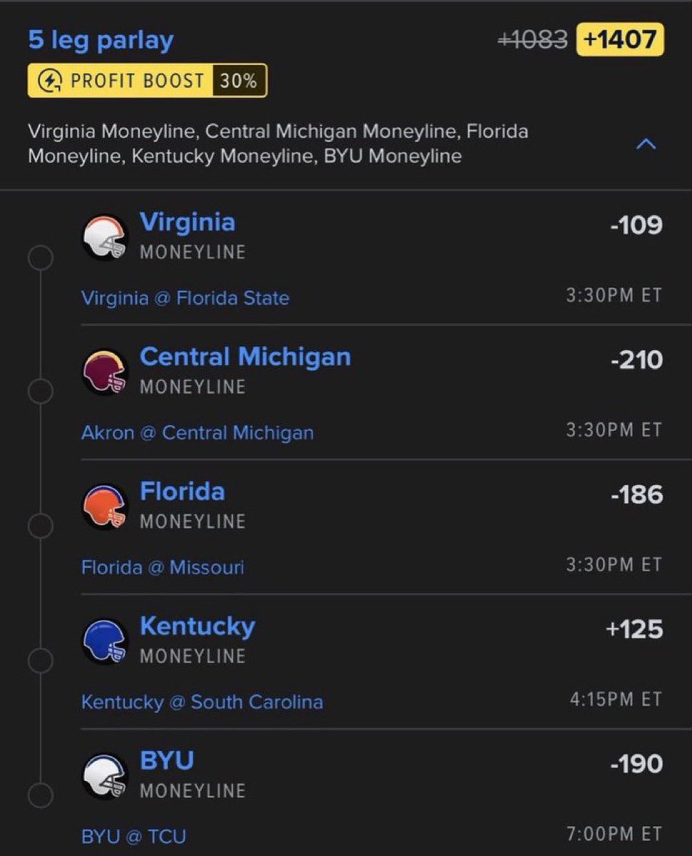 Davisparlay's tweet photo. 🔥 5-LEG CFB MONEYLINE PARLAY 🔥

🏈 Virginia ML
🏈 Central Michigan ML
🏈 Florida ML
🏈 Kentucky ML
🏈 BYU ML

💰 +1407

#CFB #CollegeFootball #CFBPicks #Parlay #SportsBetting #BettingPicks #FootballPicks #NCAAF #SportsPicks #BettingCommunity https://t.co/NkiYlyJrLF