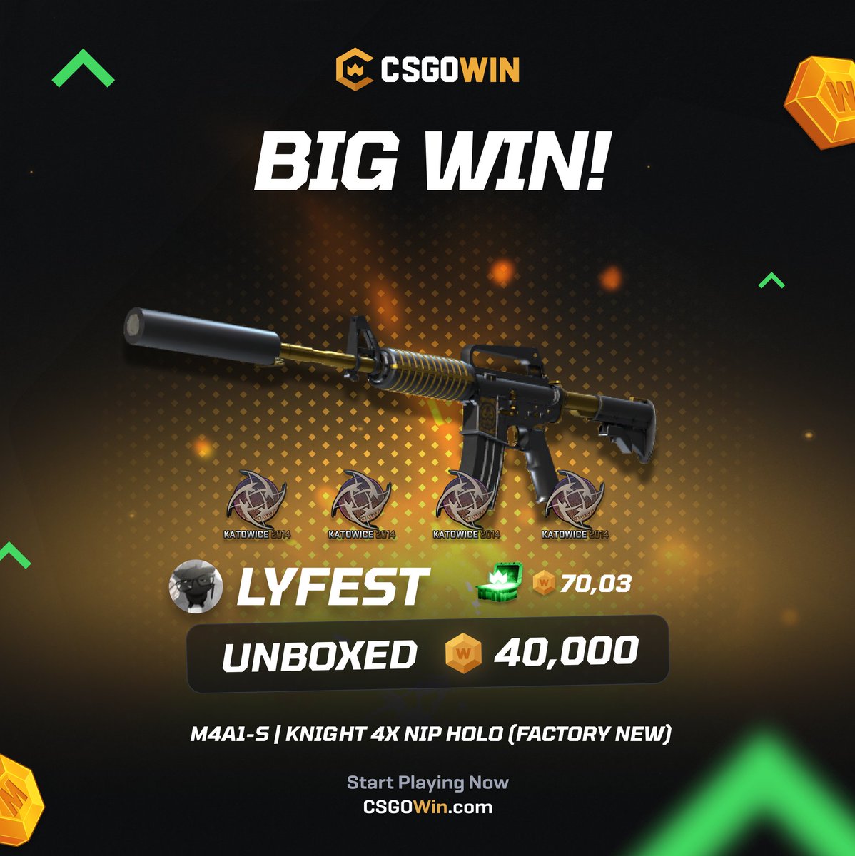 CSGOWincom's tweet photo. 70 coins turned into 40,000! 🔥

Who else is feeling lucky today? 😎

Reply with CW-ID for a chance to win 100 coins 💸 https://t.co/3gchhcadpt