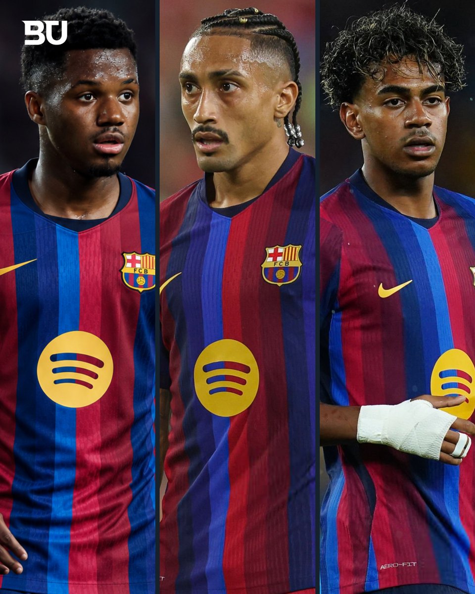 BarcaUniversal's tweet photo. 🚨 Barcelona’s front three this season if Ansu Fati had NEVER suffered a serious injury in his career:

🇪🇸 LW: Ansu Fati
🇧🇷 ST: Raphinha
🇪🇸 RW: Lamine Yamal

Imagine PRIME Ansu Fati alongside Raphinha and Lamine Yamal. 🔥 https://t.co/BcPF0WIFwI