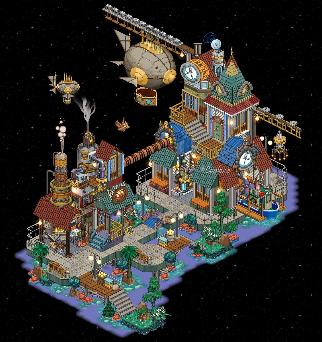 Coalesce37's tweet photo. Steampunk Harbour ⚙️🛩️🚢
Built on @habboxfrance 
#retrobuilds https://t.co/CpFo2i7K0k