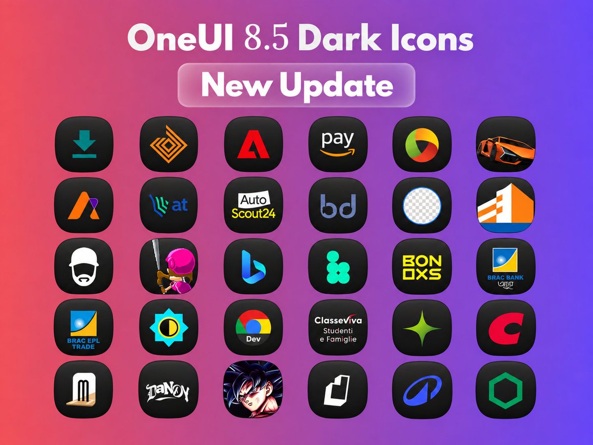 AndroidTools3's tweet photo. OneUI 8.5 Dark Icons — New Update

130+ new icons have been added, bringing the collection to 2950 icons.

More apps supported, better consistency, and the same clean dark OneUI identity across your home screen.

Update now:
https://t.co/zl2rxLtBjZ

#OneUI85 #DarkIcons #IconPack #Android #Customization