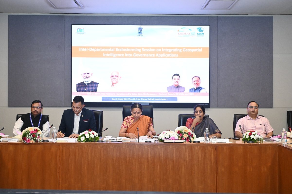 GSEM_DST's tweet photo. The Gujarat State Electronics Mission (GSEM), under the Department of Science & Technology, Government of Gujarat, convened a brainstorming session to identify real-world governance challenges that can be addressed through space-based and geospatial technologies as part of the proposed Space Tech Hackathon at Vibrant Gujarat Global Summit 2027.

The session brought together government departments, domain experts and ecosystem stakeholders to explore innovative applications of satellite data, GIS, AI/ML, IoT and geospatial intelligence across sectors such as agriculture, disaster management, water resources, urban development, infrastructure, environment and land governance.

Through this initiative, Gujarat aims to transform governance challenges into innovation opportunities by connecting departments with startups, innovators and SpaceTech experts to co-create scalable, technology-driven solutions for public service delivery and evidence-based decision-making. The most promising solutions are envisioned to be showcased at VGGS 2027.

@CMOGuj  @sanghaviharsh @dstGujarat @arjunmodhwadia @InfoGujarat @SemiconIndia 
@INSPACeIND 

#VGGS2027 #SpaceTech #GeospatialInnovation #INSPACe #GovernanceInnovation #SatelliteTechnology #DigitalGovernance #AtmanirbharGujarat #FutureReadyGujaratss