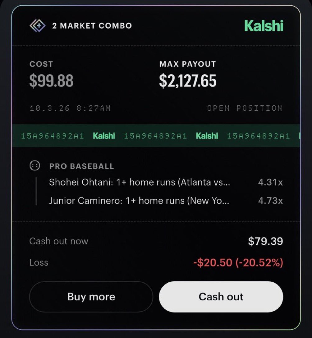 Davisparlay's tweet photo. 🔥 KALSHI 2-MARKET COMBO 🔥

⚾ Shohei Ohtani — 1+ Home Run
⚾ Junior Caminero — 1+ Home Run

💵 $99.88 → $2,127.65 MAX PAYOUT
📈 21.30x

#MLB #Baseball #Kalshi #SportsTrading #ShoheiOhtani #JuniorCaminero #HomeRun #MLBPicks #BaseballPicks #SportsPicks https://t.co/aZ1urHxTHL