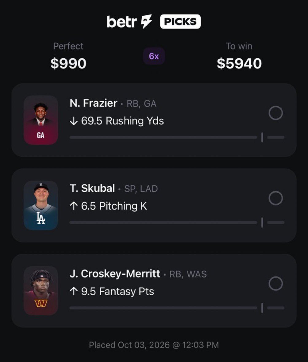Davisparlay's tweet photo. 🔥 BETR PICKS — 6X PLAY 🔥

🏈 N. Frazier — Under 69.5 Rushing Yards
⚾ T. Skubal — Over 6.5 Pitching Ks
🏈 J. Croskey-Merritt — Over 9.5 Fantasy Points

💰 $990 → $5,940

#BetrPicks #SportsBetting #BettingPicks #NFLPicks #MLBPicks #PlayerProps #FantasyPicks #SportsPicks #BettingCommunity #6X
