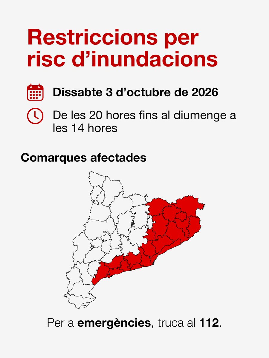 gencat's tweet photo. Estem davant d'una previsió de pluges excepcionalment intenses i acumulacions molt importants durant les properes hores.

Entre les 20 h d'avui, i fins a les 14 h de demà, restriccions a 20 comarques del litoral i prelitoral de Tarragona i Barcelona, Girona, Osona i Moianès. https://t.co/McldfKuHlX