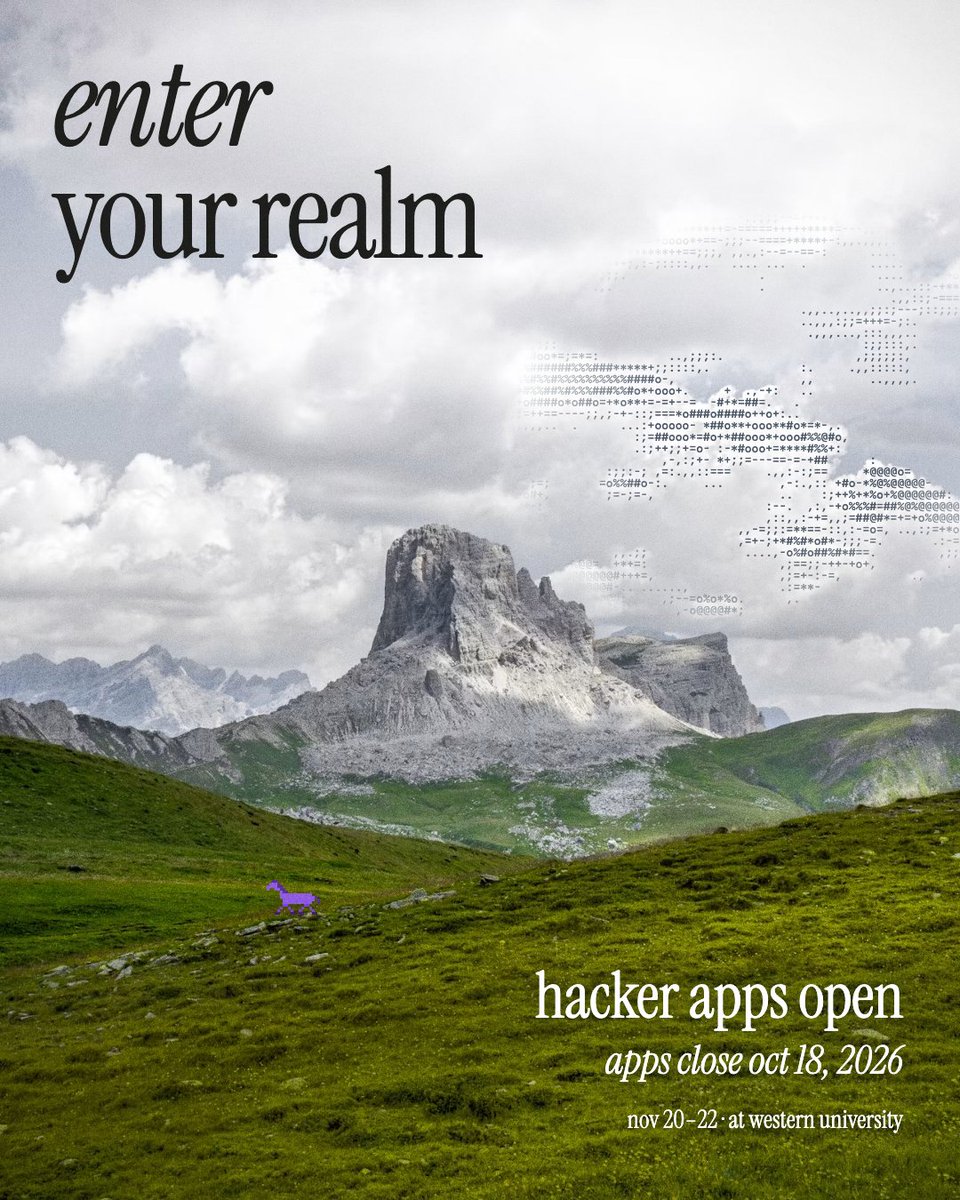 hackwestern's tweet photo. Hack Western 13 is here. It's time to enter your realm 🏔️✨

Hacker applications are now open for one of Canada's largest hackathons, happening November 20-22 at Western University! Start your application at https://t.co/2lAWqCTyru and submit it by Sunday, October 18 at 11:59 p.m. ET. Your realm is waiting to be built. 💜