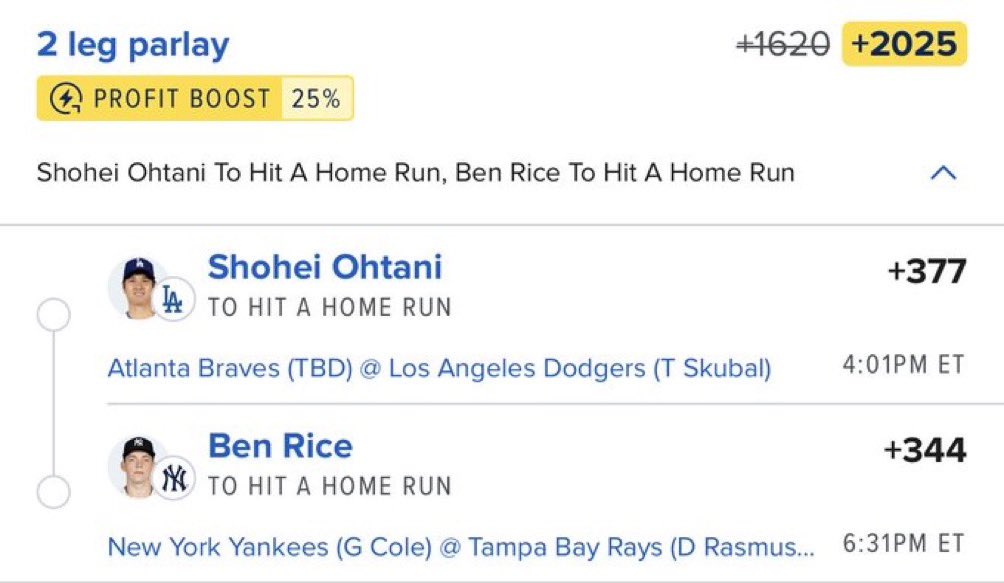 Davisparlay's tweet photo. 🔥 2-LEG HOME RUN PARLAY 🔥

⚾ Shohei Ohtani — To Hit a Home Run
⚾ Ben Rice — To Hit a Home Run

💰 +2025
⚡ 25% Profit Boost

#MLB #MLBPicks #HomeRunParlay #HRParlay #BaseballPicks #SportsBetting #BettingPicks #MLBParlay #Parlay #Baseball https://t.co/dYIVPKWGWZ