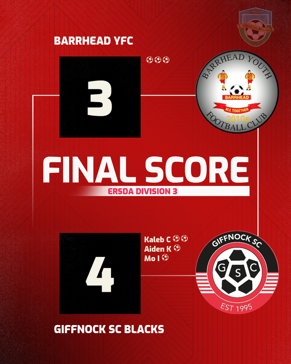 GiffnockSC2010's tweet photo. π΄β« Blacks Match Result π΄β«
β½ Barrhead YFC 3 - 4 Giffnock SC Blacks
π #Barrhead2
π ERSDA Division 3
π
Saturday, October 03, 2026
#gscfamily #WeGoAgain https://t.co/VgepnxXzDS