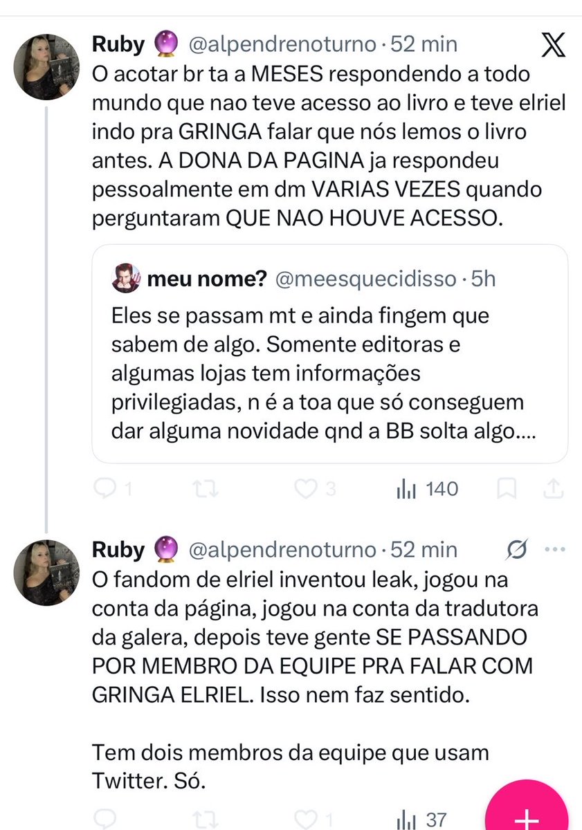 evaelains's tweet photo. própria adm da página atacando o fandom de elriel por “falar que leram o livro antes” sem prova alguma. sendo que nesse tempo todo alimentaram o fandom de gwynriel e elucien a se acharem superiores já que a própria página de acotar no brasil gosta do mesmo shipp delas, enquanto passaram anos menosprezando elriels e fãs da elain. a hipocrisia é risível, há meia década estão alimentando os shipps de formal parcial e depois culpabilizam o fandom que elas não gostam.