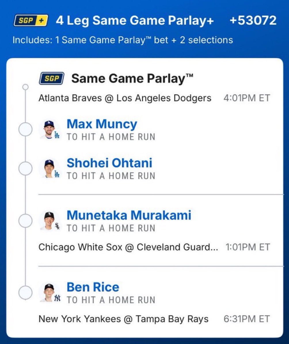 Davisparlay's tweet photo. 🔥 4-LEG SAME GAME PARLAY+ 🔥

⚾ Max Muncy — To Hit a Home Run
⚾ Shohei Ohtani — To Hit a Home Run
⚾ Munetaka Murakami — To Hit a Home Run
⚾ Ben Rice — To Hit a Home Run

💰 +53072

#MLB #MLBPicks #BaseballPicks #HomeRunParlay #HRParlay #SameGameParlay #SGP #SportsBetting #BettingPicks #Parlay #Baseball