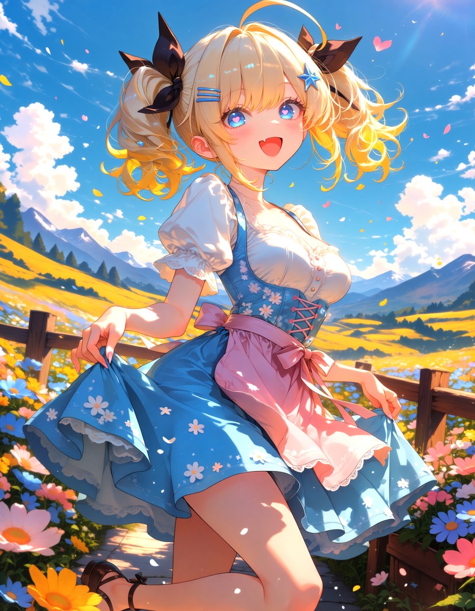 etniut's tweet photo. 花畑でくるっと一回転っ🌼���
青いディアンドル姿のうとちゃん、きみに笑顔を届けにきたよ〜っ!✨
#Dirndl #AnimeArt
Original anime-style character art, SFW. https://t.co/1KdQtuC68t