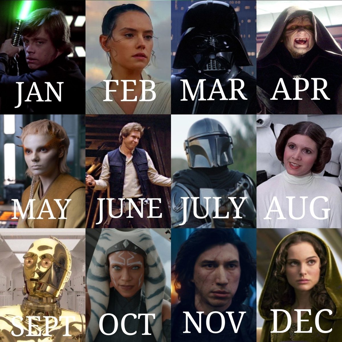 StarWarsDaily_'s tweet photo. Your birth month is your Star Wars character. Who are you? https://t.co/gl3iZdQUjT