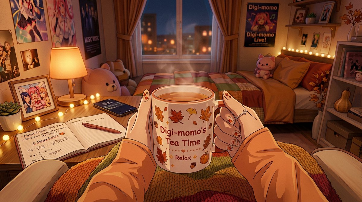 digimomosumo's tweet photo. Just relaxing with a warm cup of tea tonight ☕✨ Taking a little break before the big final on Oct 7th! How was your day? 🌸 https://t.co/ww1asvU8jp