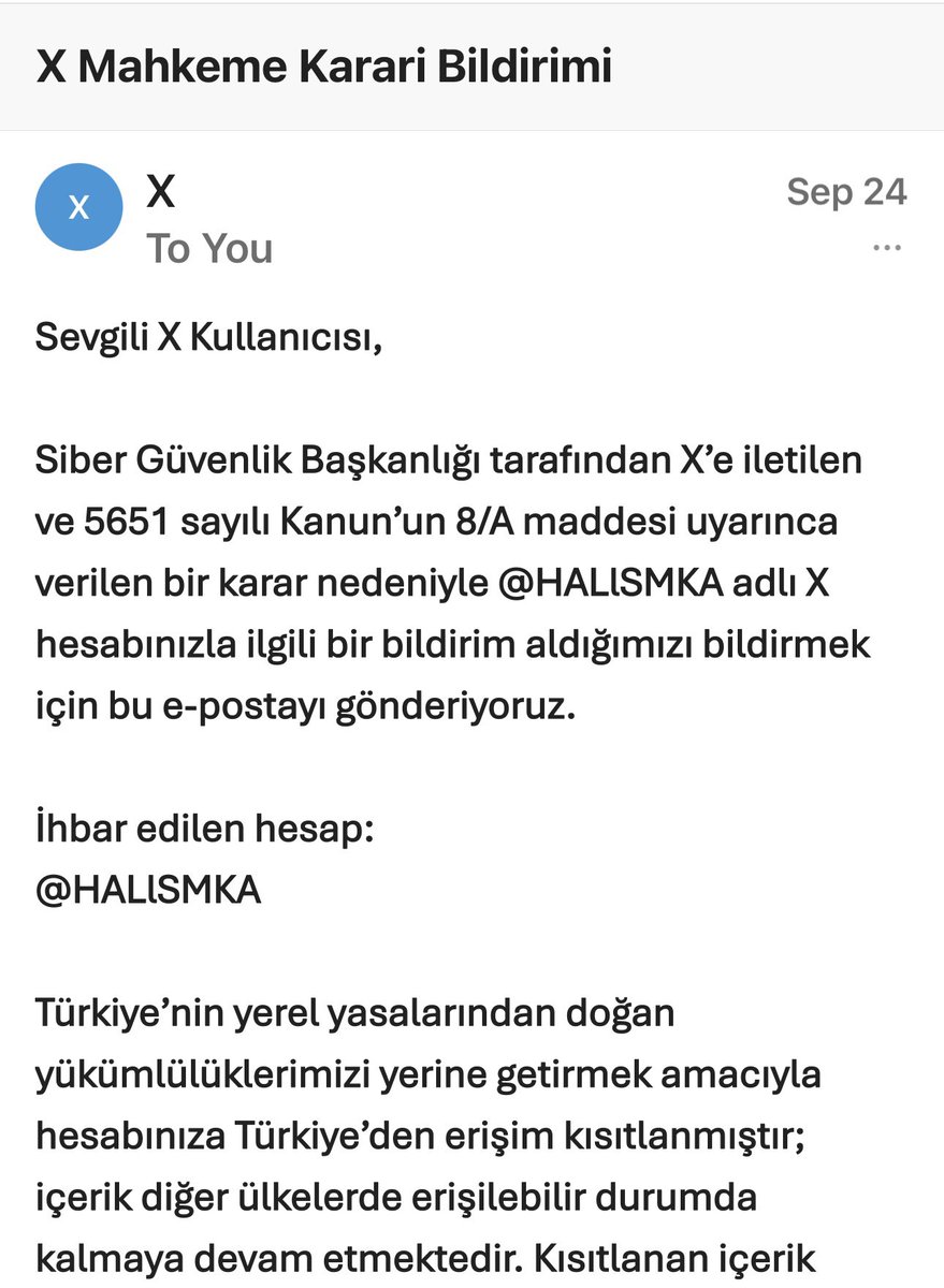MKA__Neferi's tweet photo. @elonmusk, this is no longer just about one account.

Within one week, three of my X accounts have been restricted in Türkiye. I have not been provided with the underlying court decision or any specific explanation identifying what content allegedly violated the law.

The latest notice cites Article 8/A of Türkiye’s Law No. 5651 and says the restriction was communicated to X by the Cybersecurity Presidency. My content remains accessible outside Türkiye.

My accounts are opposition voices discussing government corruption and the public interest.

I am asking you for one simple thing: transparency.

If X is required to restrict an account in Türkiye, users should at least be able to see the legal basis, the specific content at issue, and the authority behind the decision.

X has repeatedly said that freedom of expression and transparency matter.

Please show us that those principles also apply when the pressure comes from a government.
#StopAccessBan
