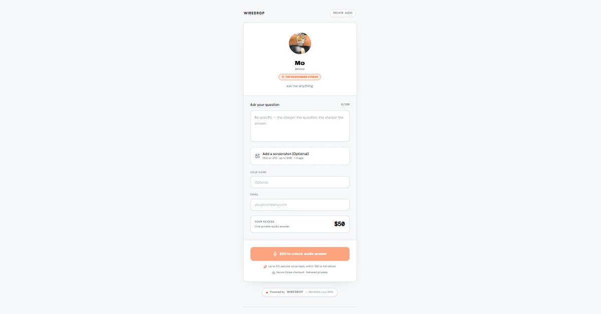 wiredropco's tweet photo. got an audience that asks you for advice?
turn those questions into paid private voice replies.
you set the price. they pay to ask. you reply when you want.
no calls. no scheduling.
create your page ↓